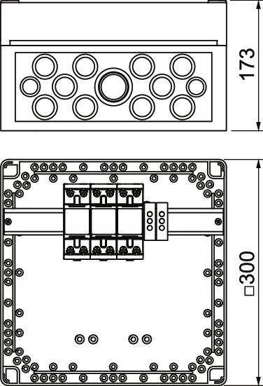 Rysunek techniczny elektrycznej puszki przyłączeniowej o wymiarach 173x300 mm, przedstawiający widok z góry i widok wewnętrzny z podłączeniami kabli.