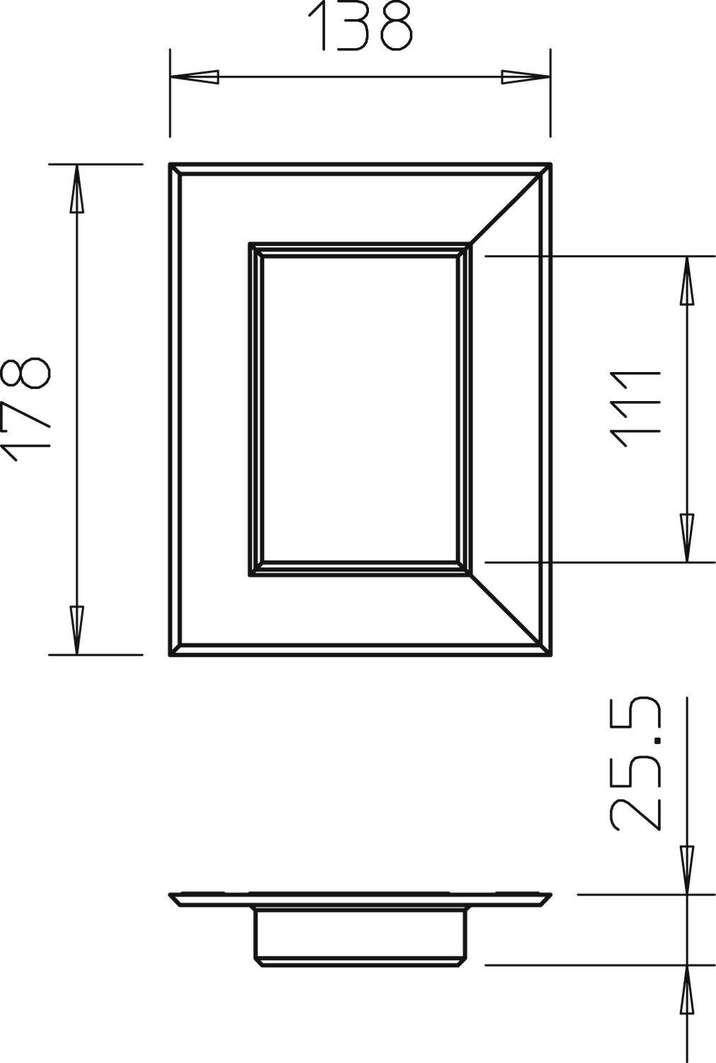 Rysunek techniczny prostokątnej ramy o wymiarach: szerokość 138 mm, wysokość 178 mm, wycięcie wewnętrzne 111 mm, głębokość 25,5 mm.