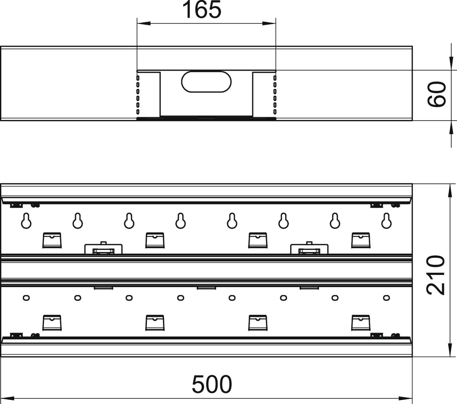 Rysunek techniczny prostokątnego obiektu o wymiarach 165x60 oraz 500x210, przedstawiający widok z przodu i z boku wraz ze szczegółowymi elementami.