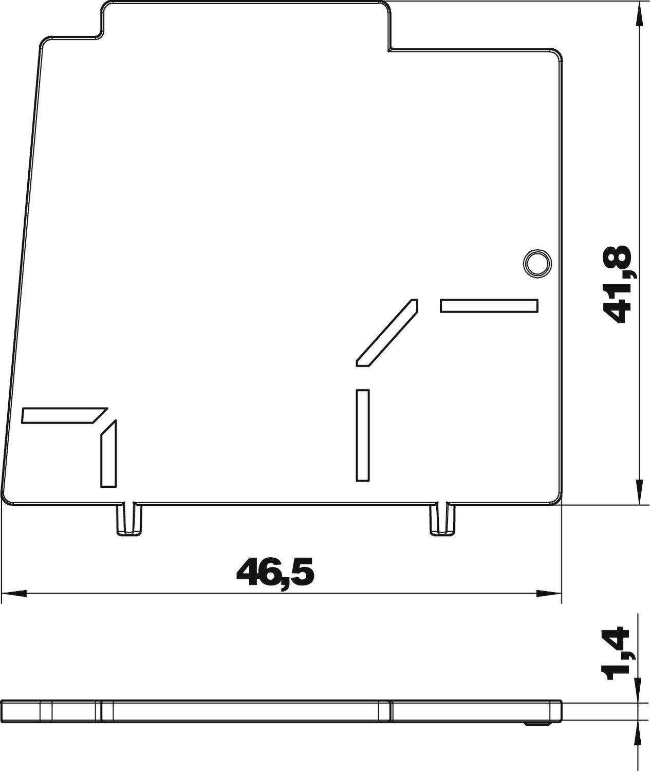 Rysunek techniczny prostokątnego obiektu o wymiarach 46,5 x 41,8 x 1,4. Zawiera kilka linii i okrągłe wycięcie.