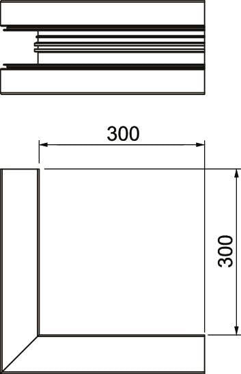Rysunek techniczny obiektu kwadratowego o wymiarach 300 x 300 mm. U góry widok przekroju z liniami.