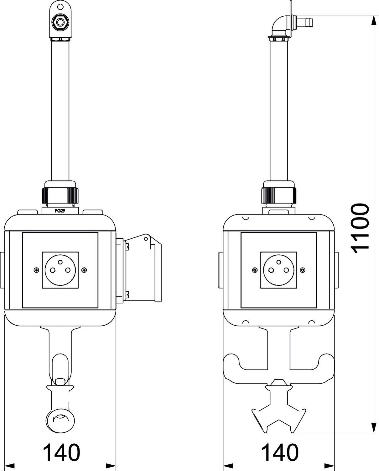 Rysunek techniczny urządzenia z dwoma widokami. Wymiary to 140 mm szerokości i 1100 mm wysokości. Górna część o strukturze rurowej.