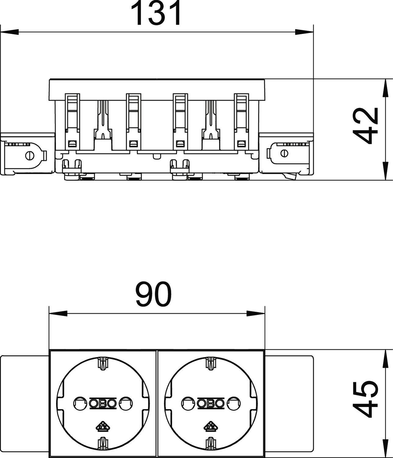 Rysunek techniczny listwy zasilającej z dwoma gniazdami. Wymiary: szerokość 131 mm, wysokość 42 mm, głębokość 90 mm, wysokość cokołu 45 mm.