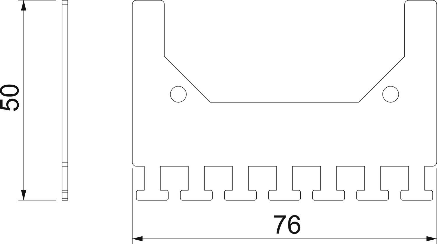 Rysunek techniczny elementu; kształt prostokątny, wymiary: 50 x 76. Przedstawia otwory i krawędzie z dziesięcioma równymi zakładkami u dołu.