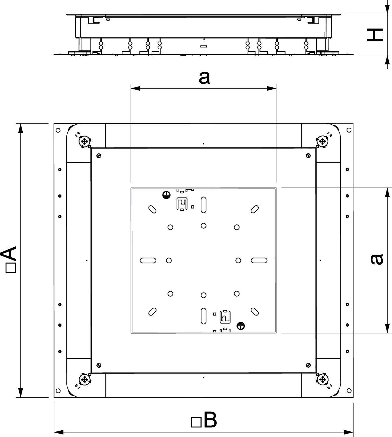 Rysunek techniczny kwadratowej lampy sufitowej z wymiarami A, B, a, H. Na górze widok z boku, na dole widok z góry z punktami mocowania.
