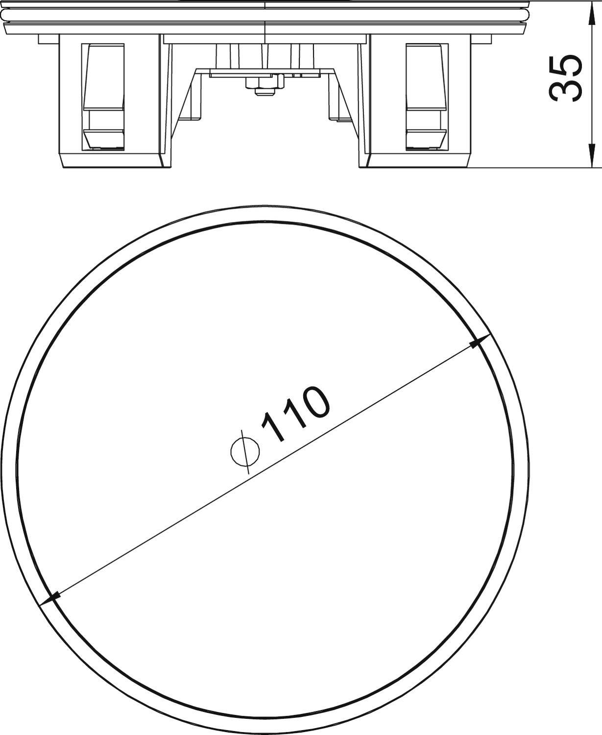 Rysunek techniczny cylindrycznego obiektu o średnicy 110 mm i wysokości 35 mm, z detalami mocowania.