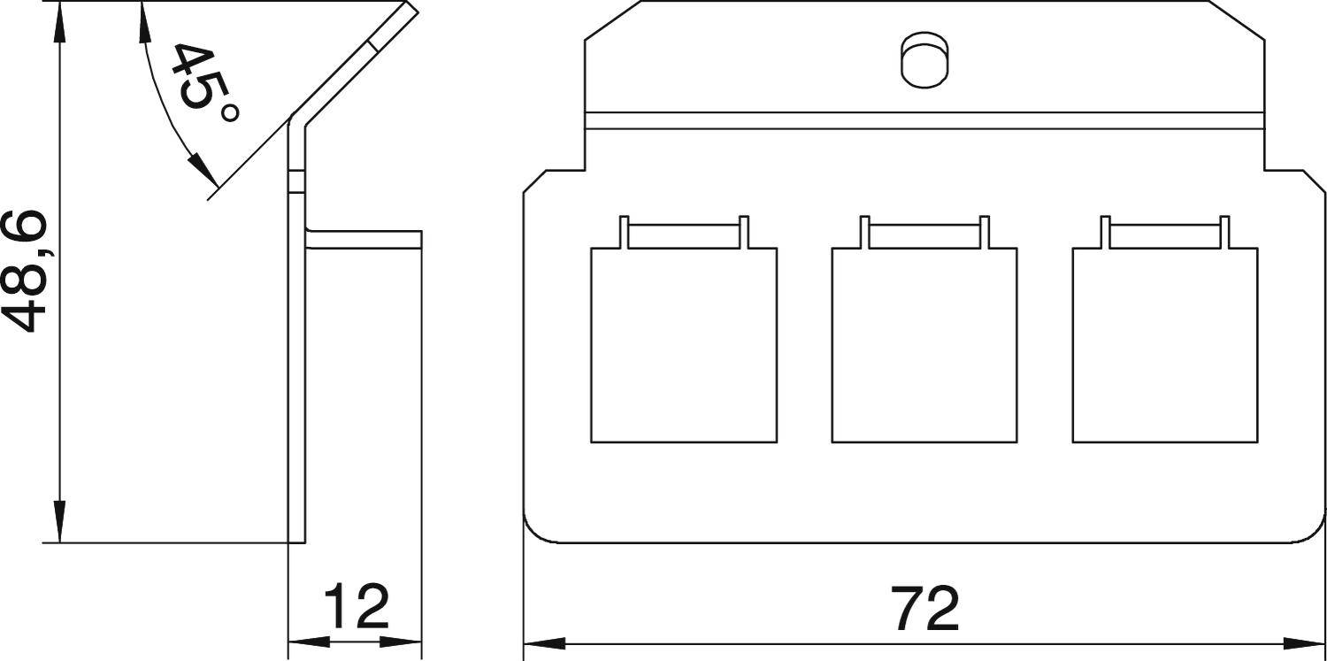 Rysunek techniczny prostokątnego obiektu z trzema równymi przegrodami. Wymiary: 72 mm szerokości, 48,6 mm wysokości, 12 mm głębokości, kąt 45°.