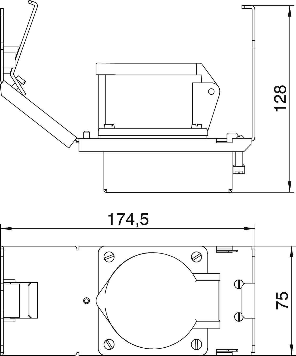 Rysunek techniczny urządzenia z wymiarami: 128 jednostek wysokości, 174,5 jednostek szerokości; przedstawiający widok z boku i z góry.
