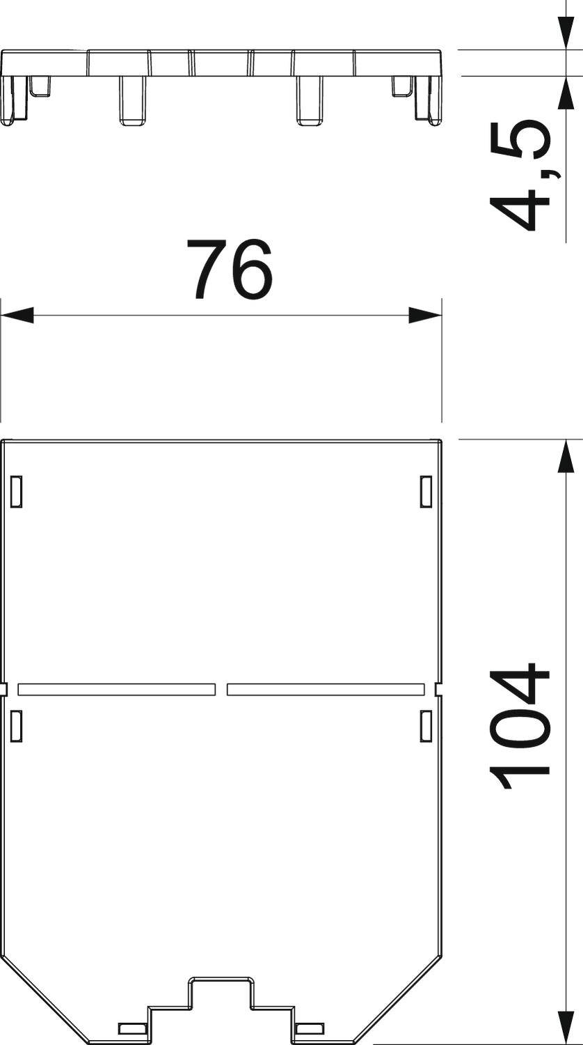 Rysunek techniczny prostokątnego obiektu z wymiarami: szerokość 76 mm, wysokość 104 mm, głębokość częściowa 4,5 mm. Na górze prostokątne wycięcia.