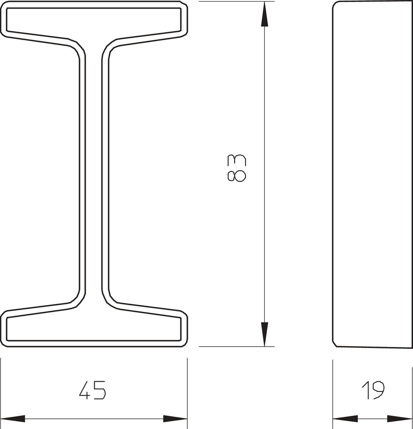 Rysunek techniczny stalowego dwuteownika o profilu I. Szerokość: 45 mm, wysokość: 19 mm. Przedstawia widok z boku i widok z przodu profilu.