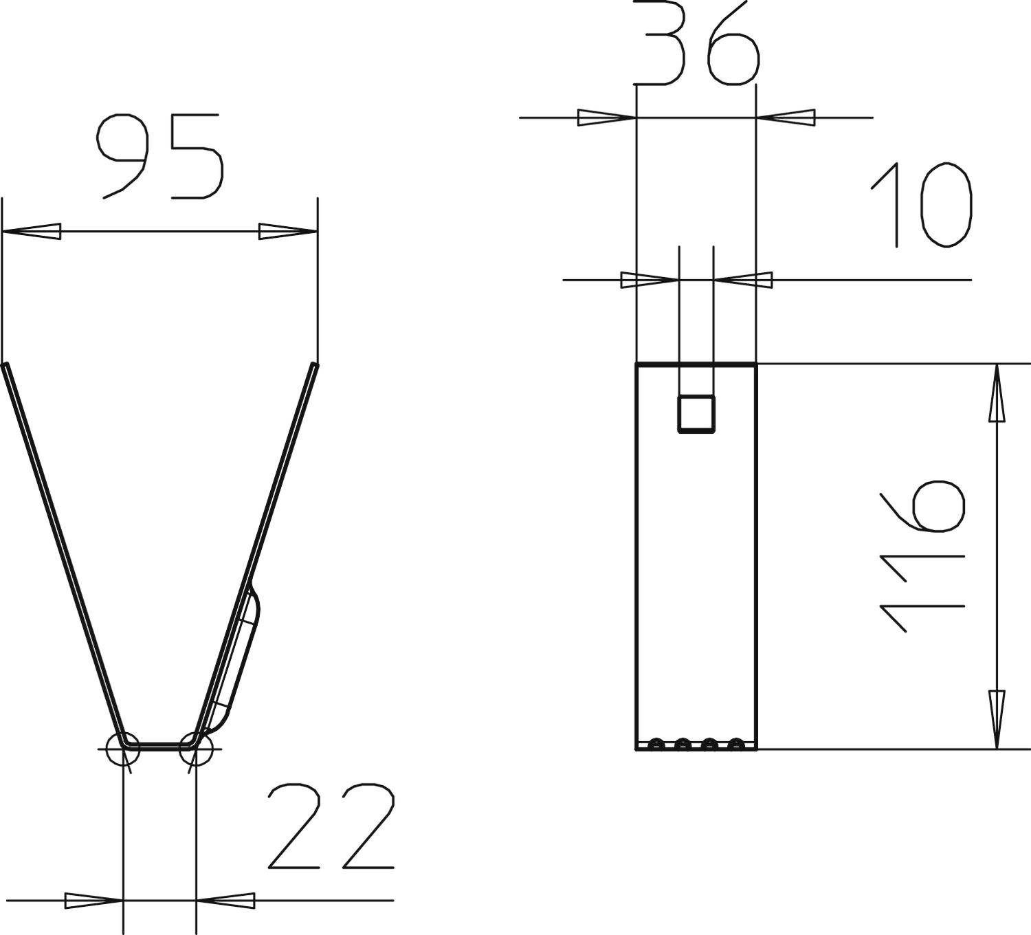 Rysunek techniczny elementu z wymiarami: szerokość 95, wysokość 116, głębokość 22, ze szczególnym uwzględnieniem odległości 36 i 10.