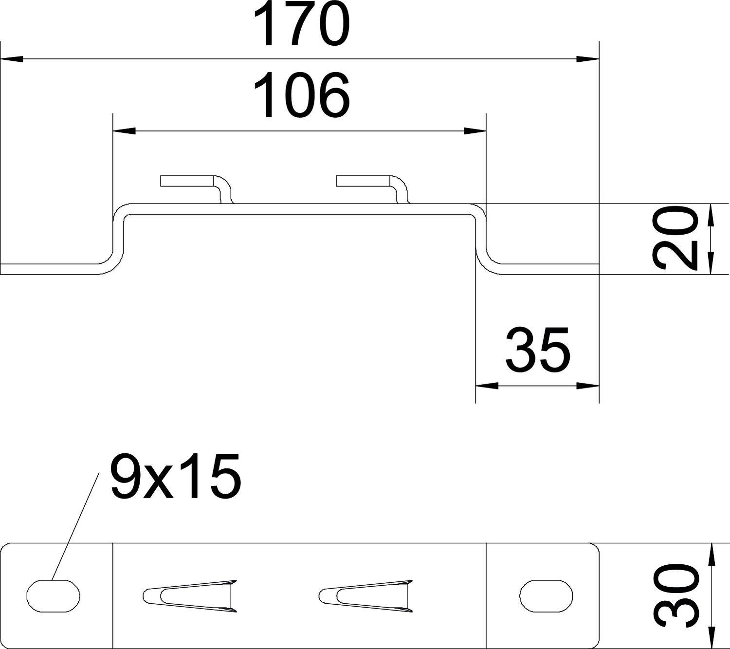 Rysunek techniczny profilu metalowego o wymiarach: szerokość 170 mm, wysokość 35 mm, głębokość 30 mm. Otwory 9x15 mm.