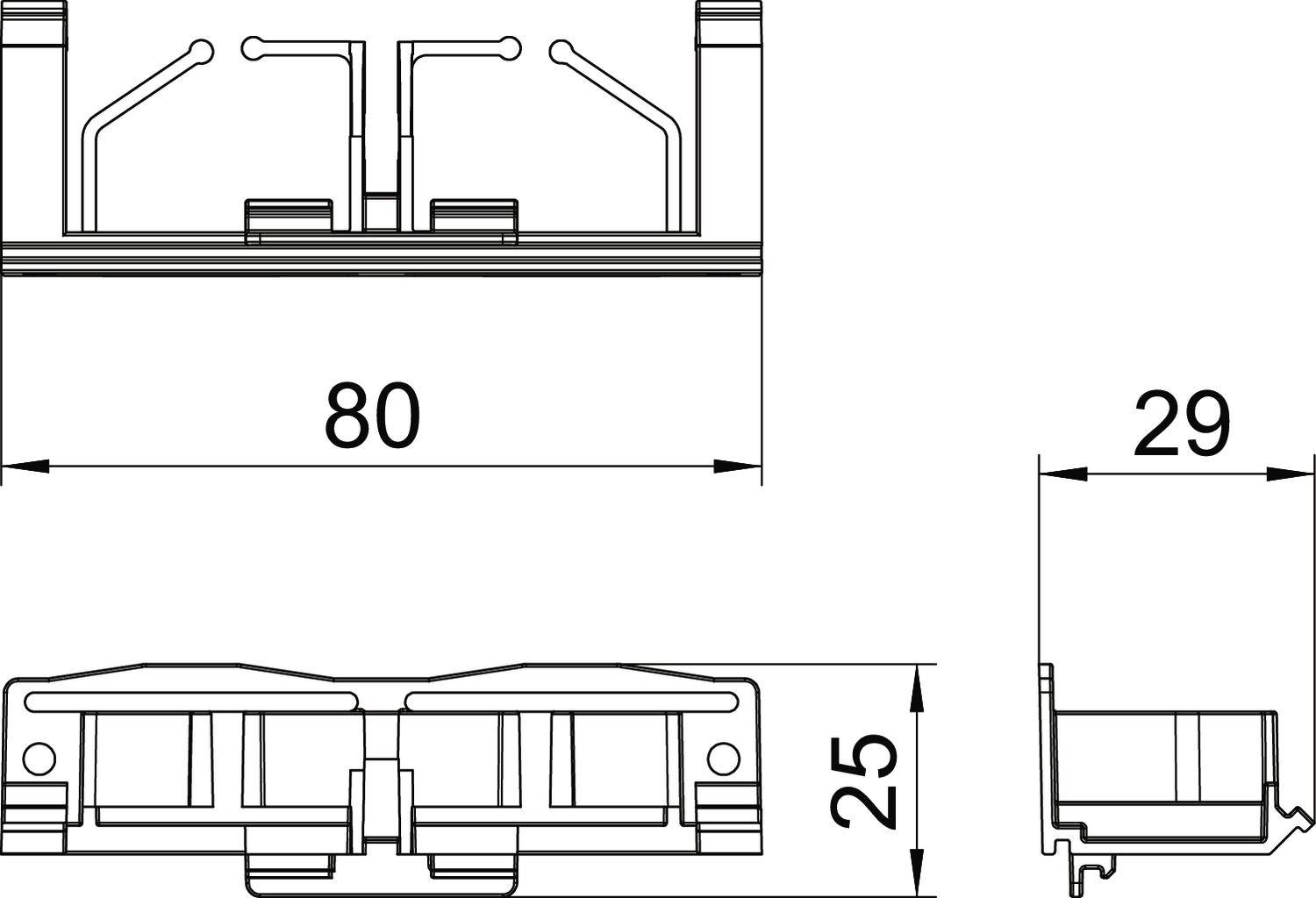 Rysunek techniczny złącza. Zawiera wymiary: szerokość 80 mm, wysokość 29 mm, głębokość 25 mm. Przedstawia widok z przodu i z boku.