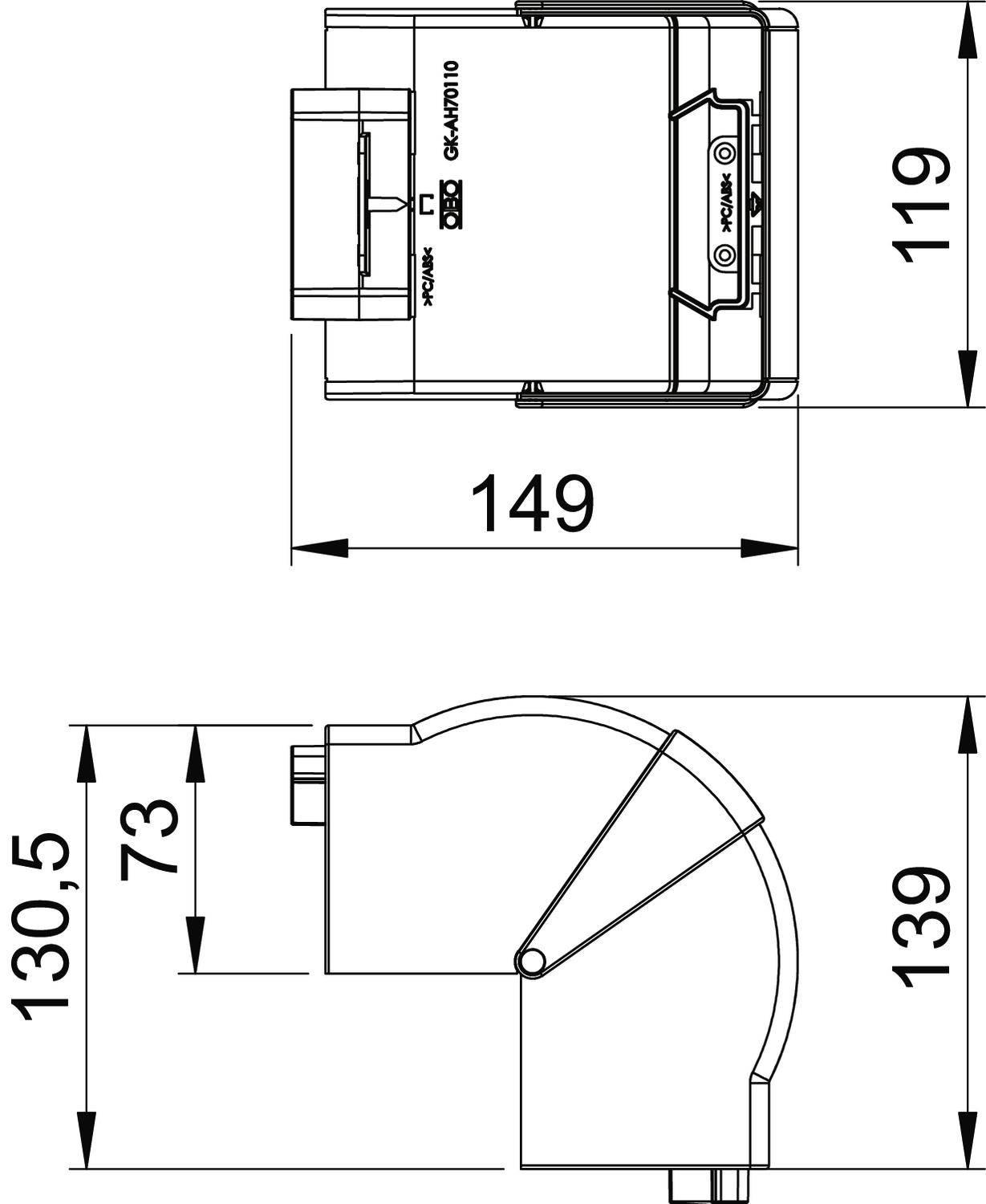 Rysunek techniczny prostokątnego urządzenia z wymiarami: widok z góry 119x149 mm, widok z boku 130,5x139 mm. Przedstawia podłączenia i kształt.