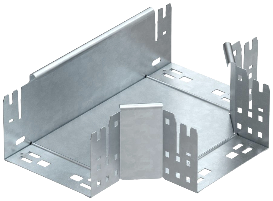 Metalowy element łączący z wieloma gniazdami i narożnikami, prawdopodobnie przeznaczony do zastosowań strukturalnych lub elektrotechnicznych.
