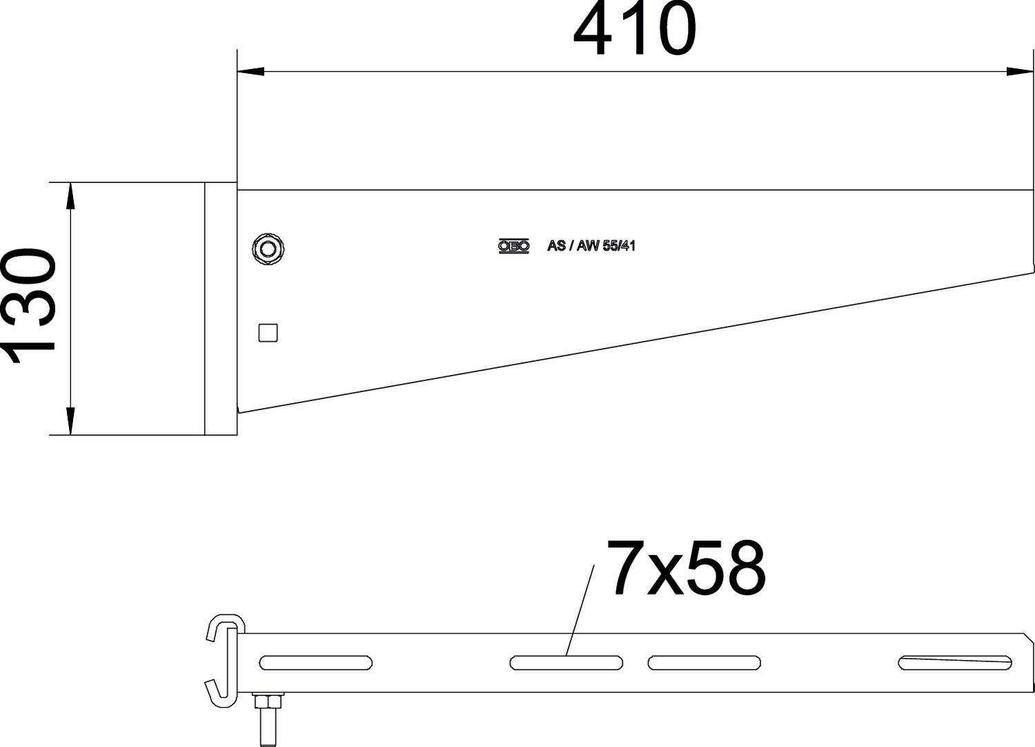Rysunek techniczny kątownika metalowego o wymiarach 410 mm x 130 mm. Na dole znajduje się widok z boku oznaczony jako '7x58'.