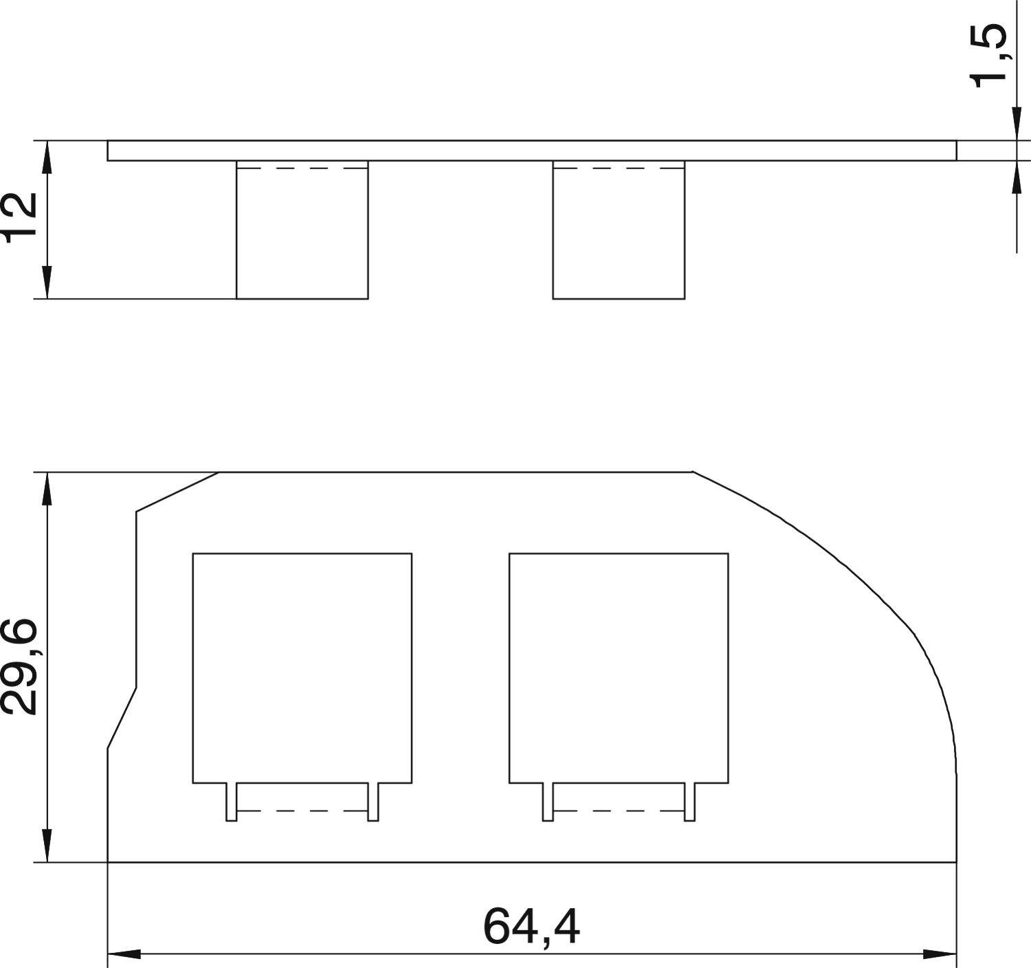 Rysunek techniczny z dwoma widokami prostokątnej części. Wymiary: szerokość 64,4 mm, wysokość 29,6 mm, grubość 1,5 mm.