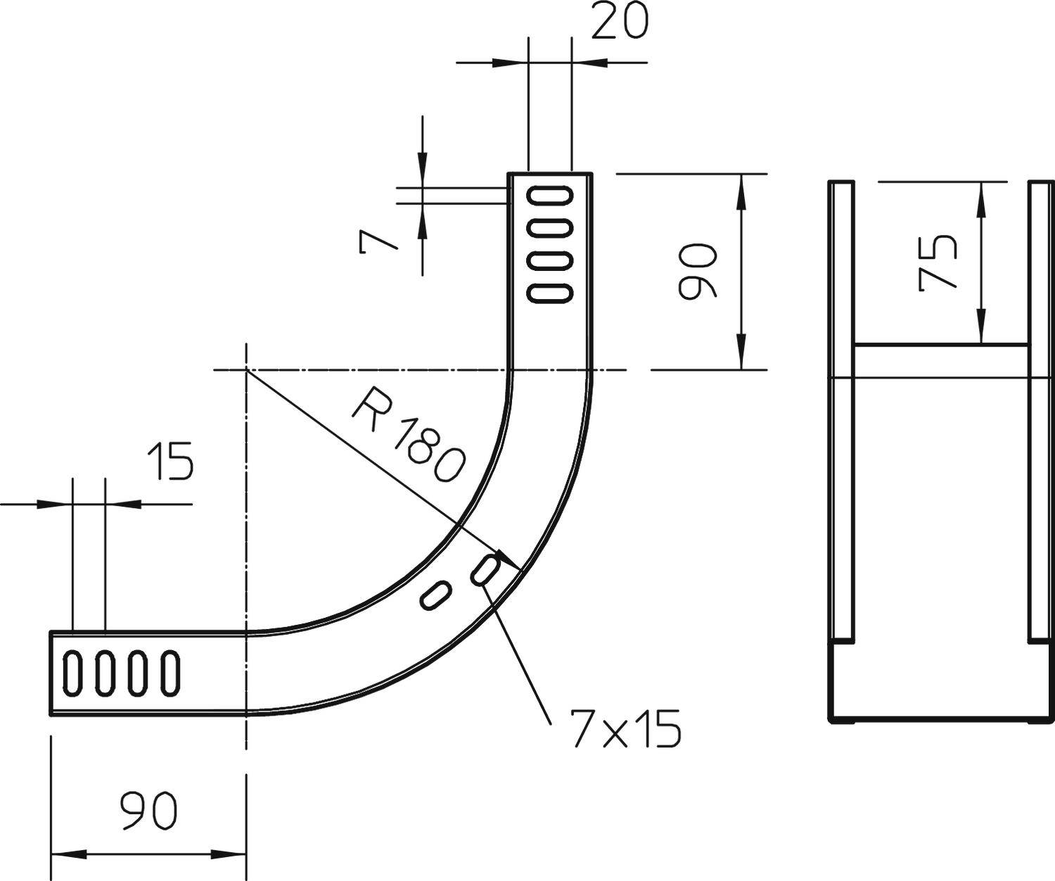 Rysunek techniczny giętego elementu metalowego z wymiarami: R180, 90x90, szerokość 20, otwory 7x15 mm; widok z przodu i z boku.