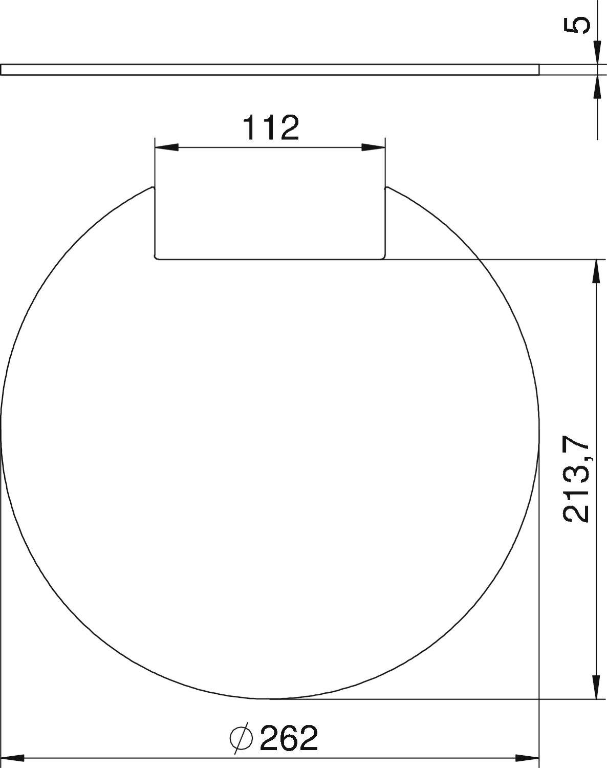 Rysunek techniczny koła z wycięciem u góry. Średnica 262 mm, wysokość wycięcia 213,7 mm, szerokość wycięcia 112 mm, grubość 5 mm.