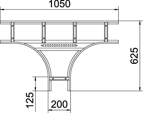 Rysunek techniczny elementu metalowego z wymiarowaniem: szerokość 1050 mm, wysokość 625 mm, dolna szerokość 200 mm, dolna wysokość 125 mm.