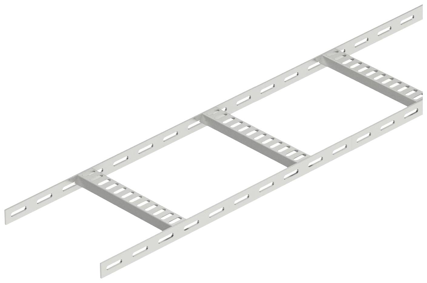 Metalowy nośnik kabli, prostokątny, z otwartymi bokami i poprzeczkami, w kolorze białym.