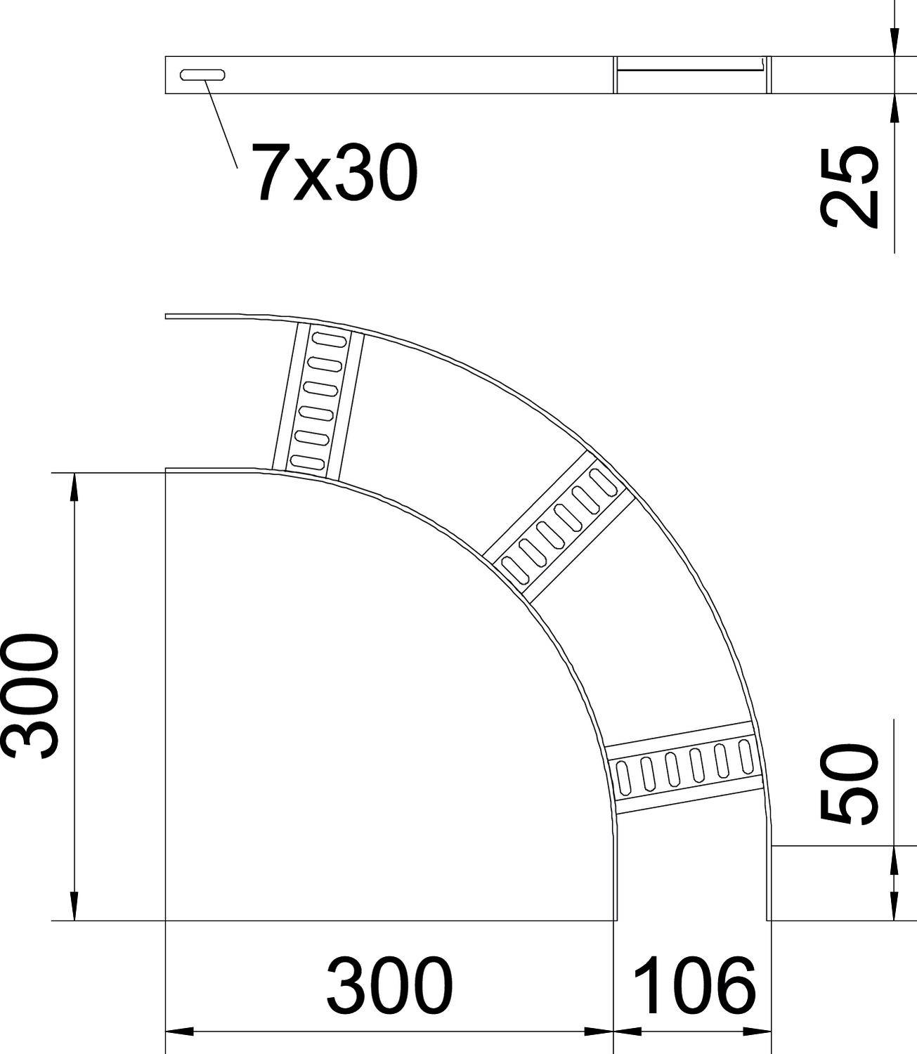 Rysunek techniczny wygiętego elementu metalowego. Wymiary: 300x300 mm o wysokości 50 mm. Prostokątne otwory: 7x30 mm.