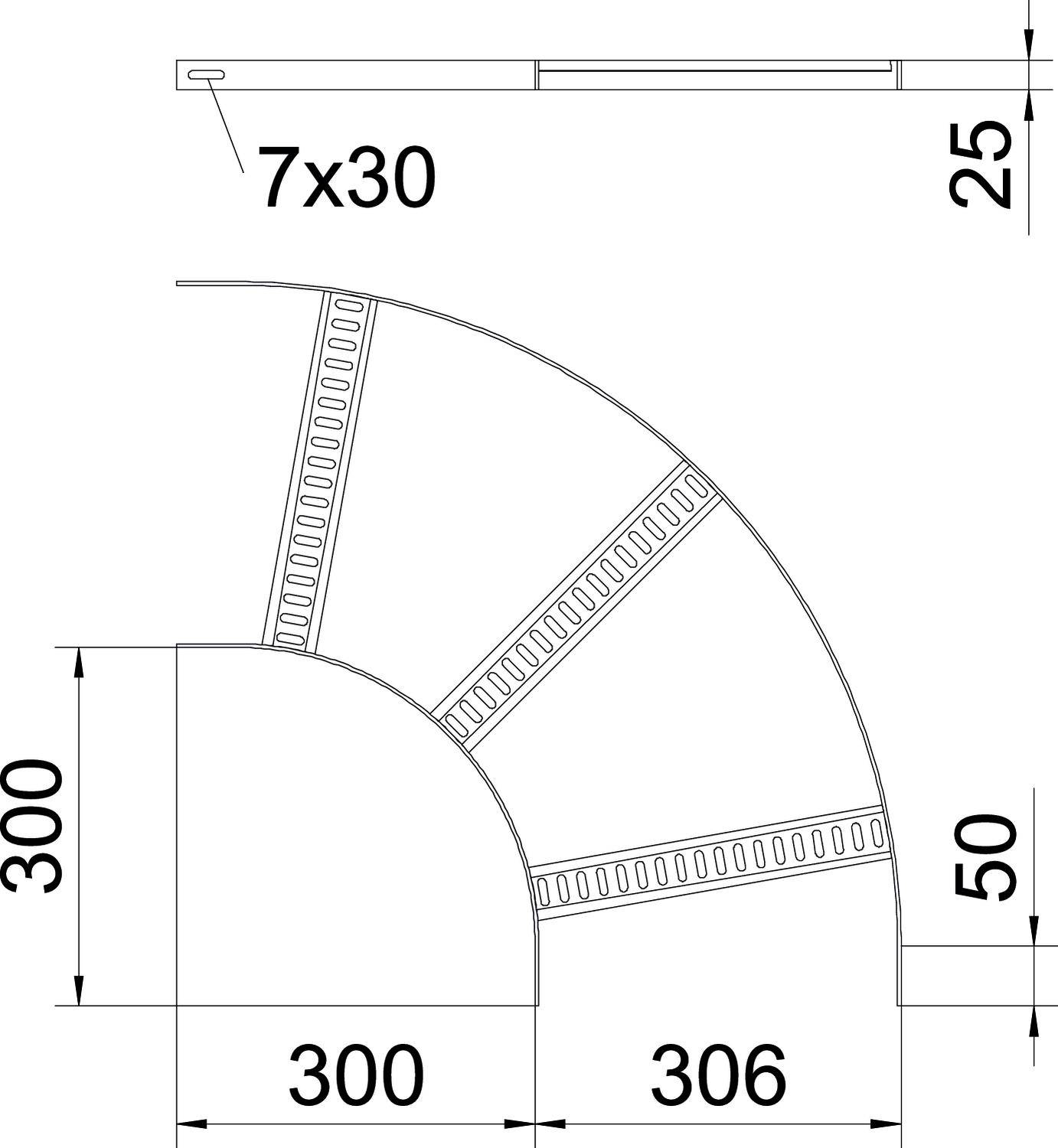 Rysunek architektoniczny balustrady schodowej o wymiarach: 300x300 mm i promieniu łuku 306 mm. Widok boczny ukazuje grubość 25 mm.