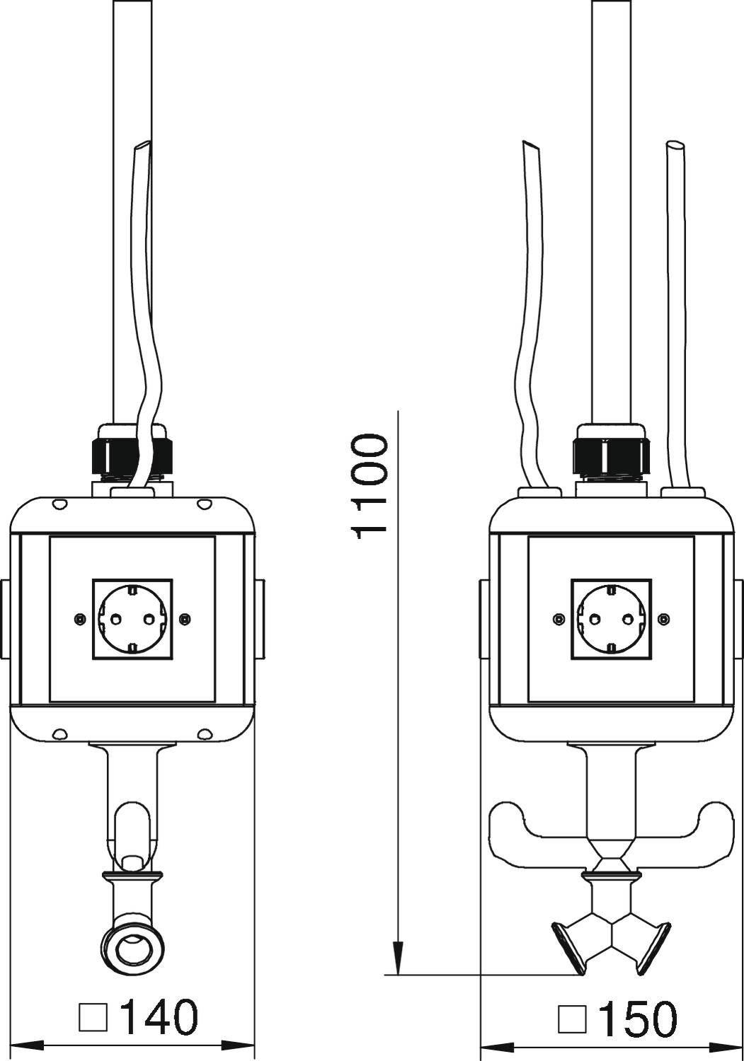 'Dwa techniczne rysunki gniazd elektrycznych z wymiarami: 140 mm szerokości i 1100 mm wysokości. Po lewej stronie z prostą wtyczką, po prawej stronie z adapterem w kształcie litery Y.'