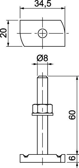 Rysunek techniczny sworznia: Powyżej przekrój poprzeczny, szerokość 34,5 mm, wysokość 20 mm. Poniżej: sworzeń, średnica 8 mm, długość całkowita 60 mm.