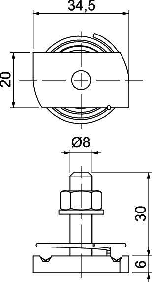 Rysunek techniczny połączenia śrubowego z wymiarami: szerokość 34,5 mm, wysokość 20 mm, średnica śruby 8 mm, wysokość całkowita 30 mm.