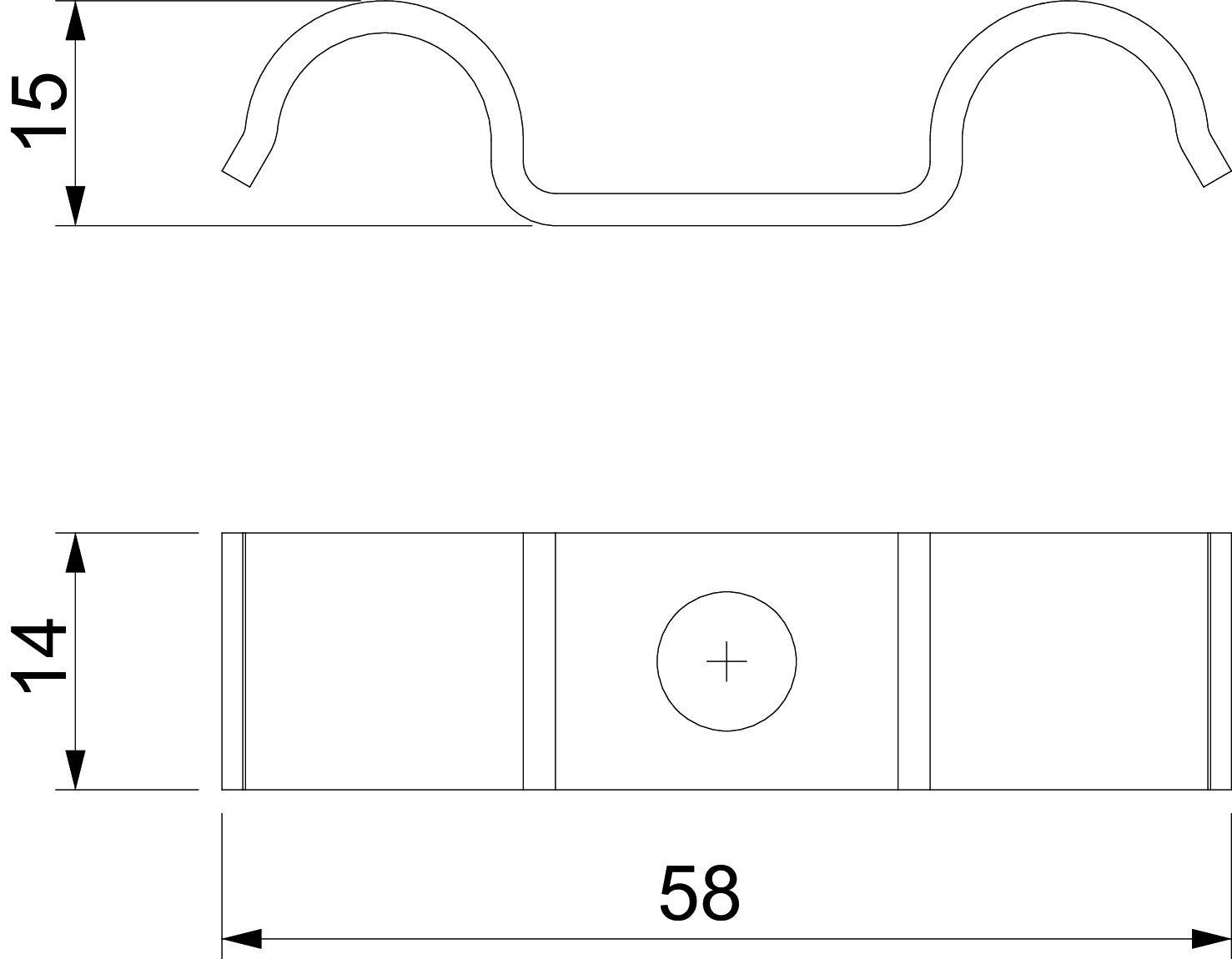Rysunek techniczny rury z obejmą. Na górze widok z boku w kształcie litery U o wysokości 15. Na dole widok z góry rury o długości 58 i wysokości 14.