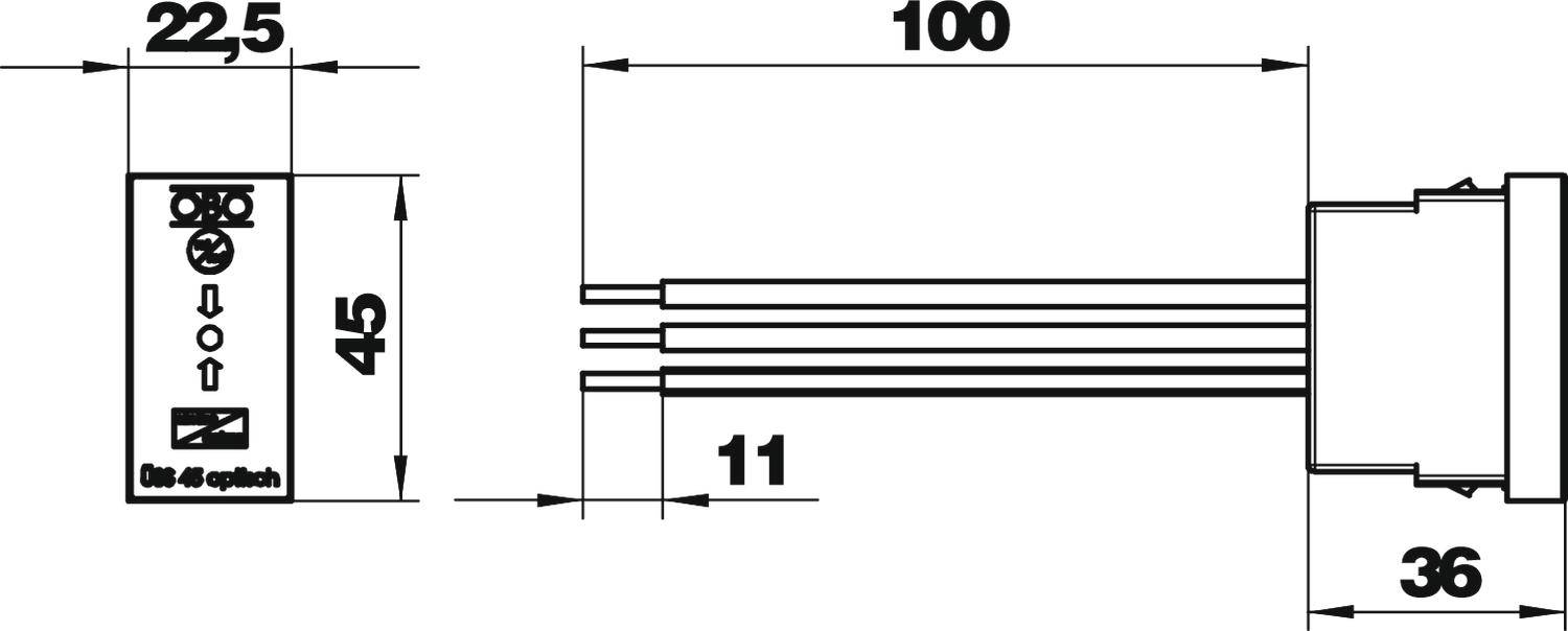 Rysunek techniczny elementu elektronicznego z wymiarami: długość 100 mm, szerokość 22,5 mm, wysokość 11 mm, dodatkowe szczegóły przedstawione na diagramie.