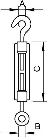 Rysunek techniczny zamka spinającego z wymiarami A, B, C. Hak na górze, ucho na dole. Prezentuje możliwość regulacji długości oraz połączeń.