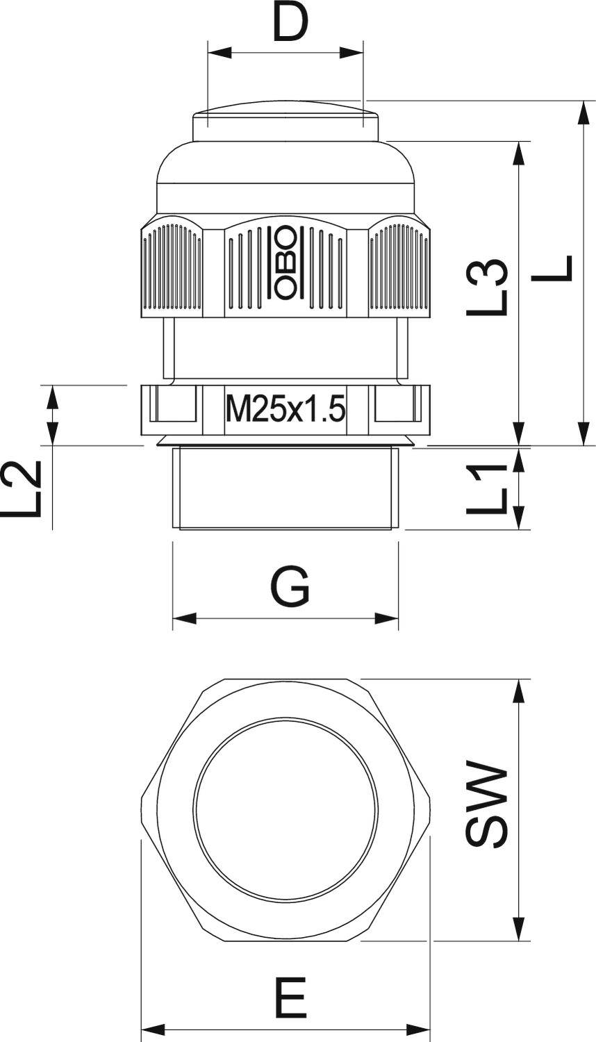 Rysunek techniczny złączki kablowej z wymiarami: wysokość (L, L1, L2, L3), średnica (D, G, E) oraz rozstaw klucza (SW).