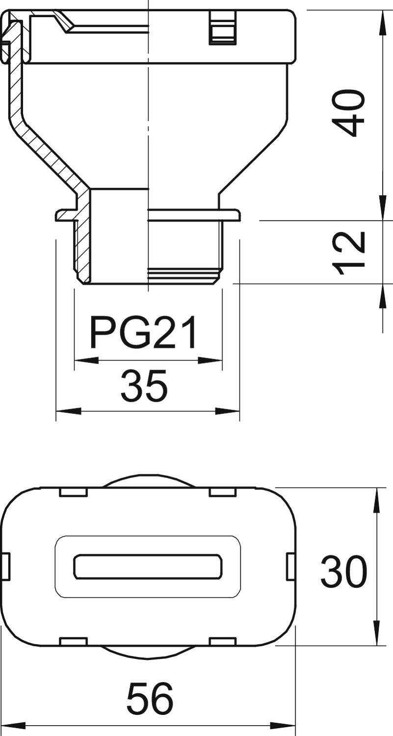Rysunek techniczny złączki z wymiarami: średnica 35 mm, wysokość 40 mm, szerokość 56 mm, otwór 30 mm, PG21.
