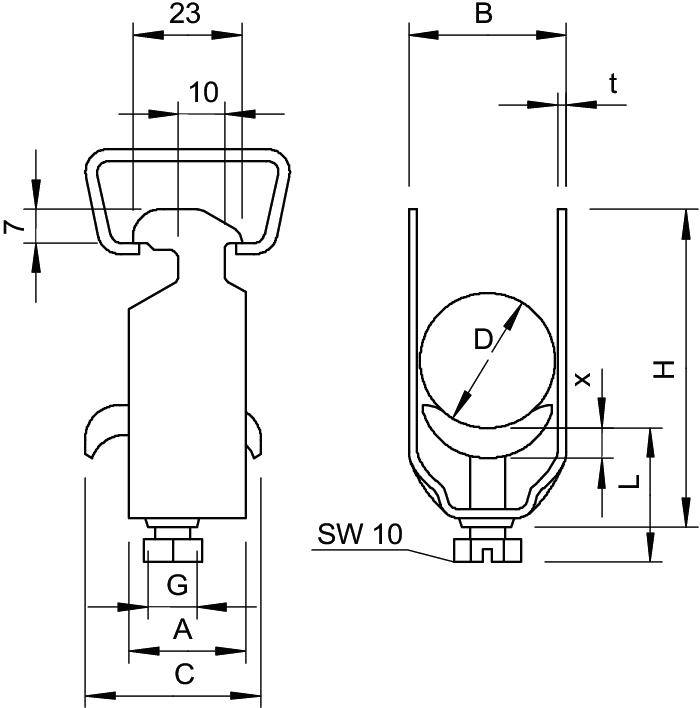 Rysunek techniczny haka metalowego z wymiarami: szerokość otworu 23 mm, całkowita wysokość 10 mm, łeb śruby SW 10.