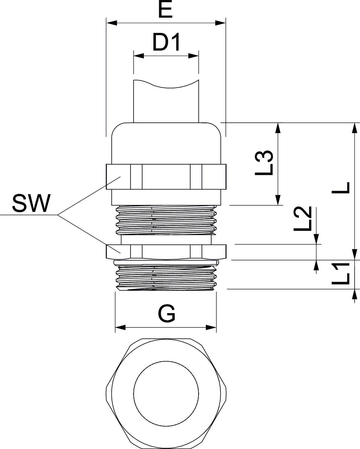 Rysunek techniczny złączki gwintowanej z wymiarami: SW, E, D1, G, L1, L2, L3. Przedstawiony w widoku z boku i z góry.