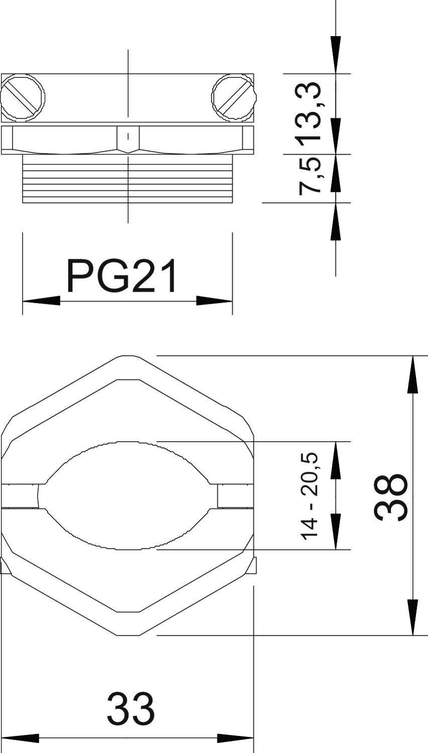 Rysunek techniczny złącza kablowego PG21: widok z boku przedstawia wysokość 13,3 mm, widok z góry pokazuje szerokość 33 mm i wysokość 38 mm.
