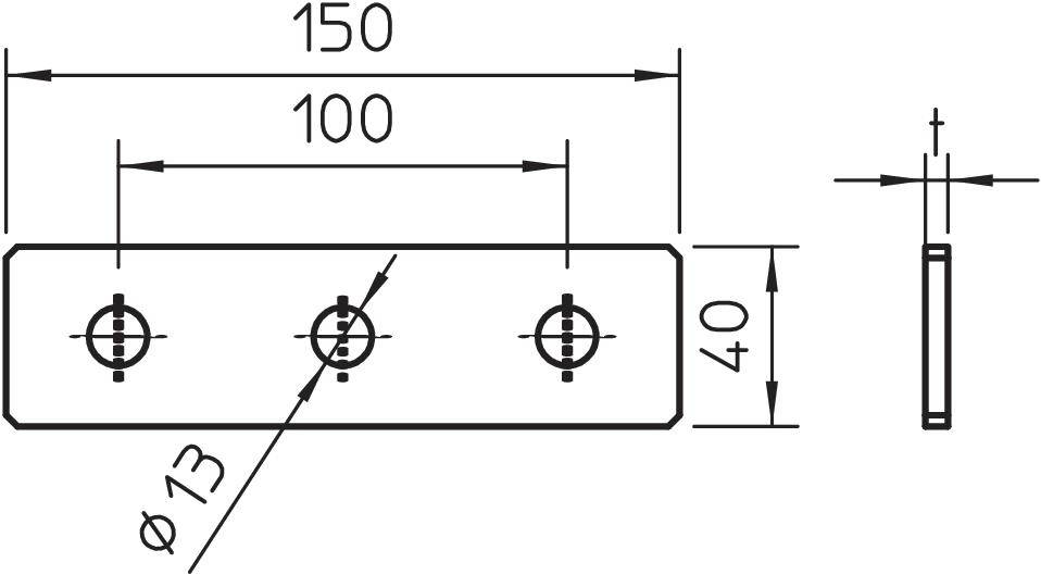 Rysunek techniczny płyty metalowej: Długość 150 mm, szerokość 40 mm, trzy otwory o średnicy 13 mm. Odległości: 100 mm między otworami. Widok profilu po prawej stronie.