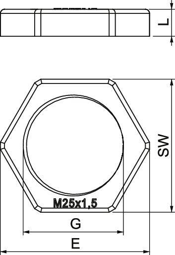 Rysunek techniczny nakrętki sześciokątnej. Widok z boku na górze; widok z góry na dole z oznaczeniem 'M25x1,5'. Wymiary: L, SW, G, E.