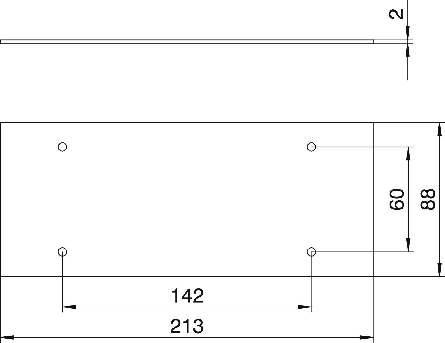 Rysunek techniczny prostokątnego elementu z czterema otworami. Wymiary: 213 mm długości, 88 mm wysokości, otwory rozmieszczone w odstępie 142 mm.