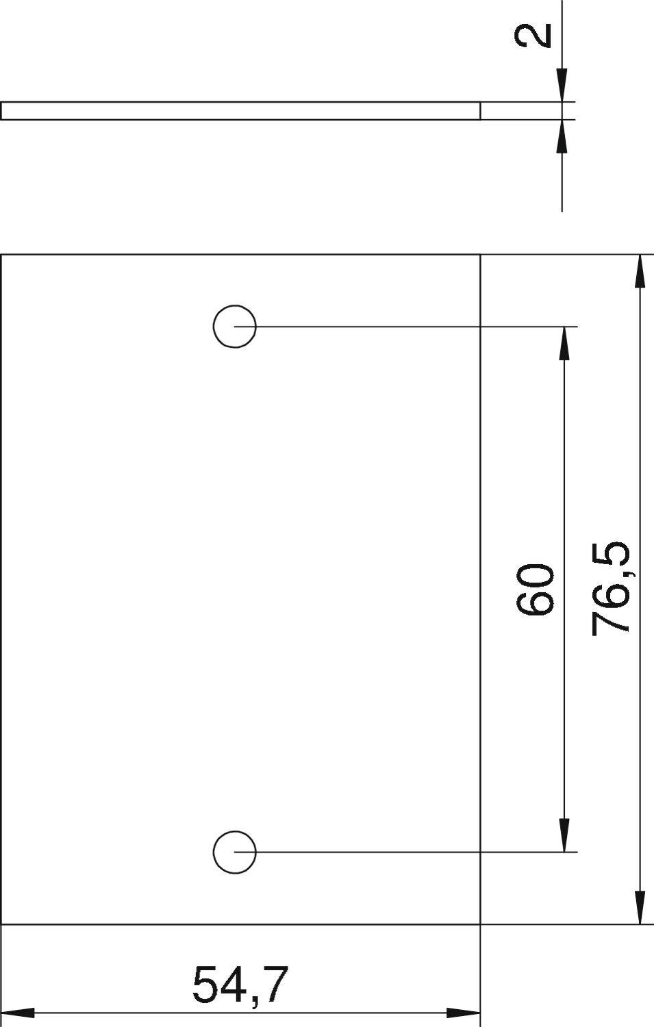 Rysunek techniczny prostokątnej płytki metalowej. Wymiary: 76,5 mm wysokości, 54,7 mm szerokości, 2 mm grubości. Dwa otwory wiertnicze, oddalone od siebie w pionie o 60 mm.