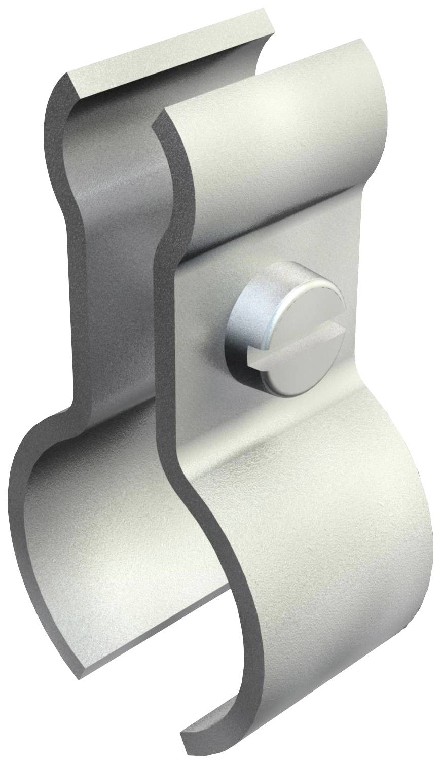 Metalowa obejma rurowa w kształcie litery U z śrubą mocującą, używana do zabezpieczania kabli lub przewodów na różnych powierzchniach.