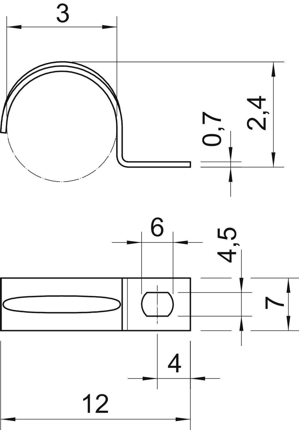 Rysunek techniczny metalowego klipsa z wymiarami: szerokość 12 mm, wysokość 7 mm, grubość 0,7 mm. Widok z boku przedstawia zakrzywioną formę.