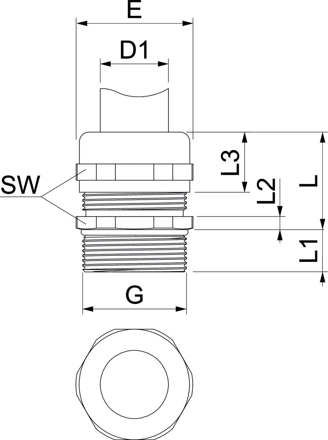 Rysunek techniczny złączki gwintowanej z wymiarami: średnica D1, długości L, L1, L2, L3, wysokość całkowita E, gwint G, szerokość klucza SW.