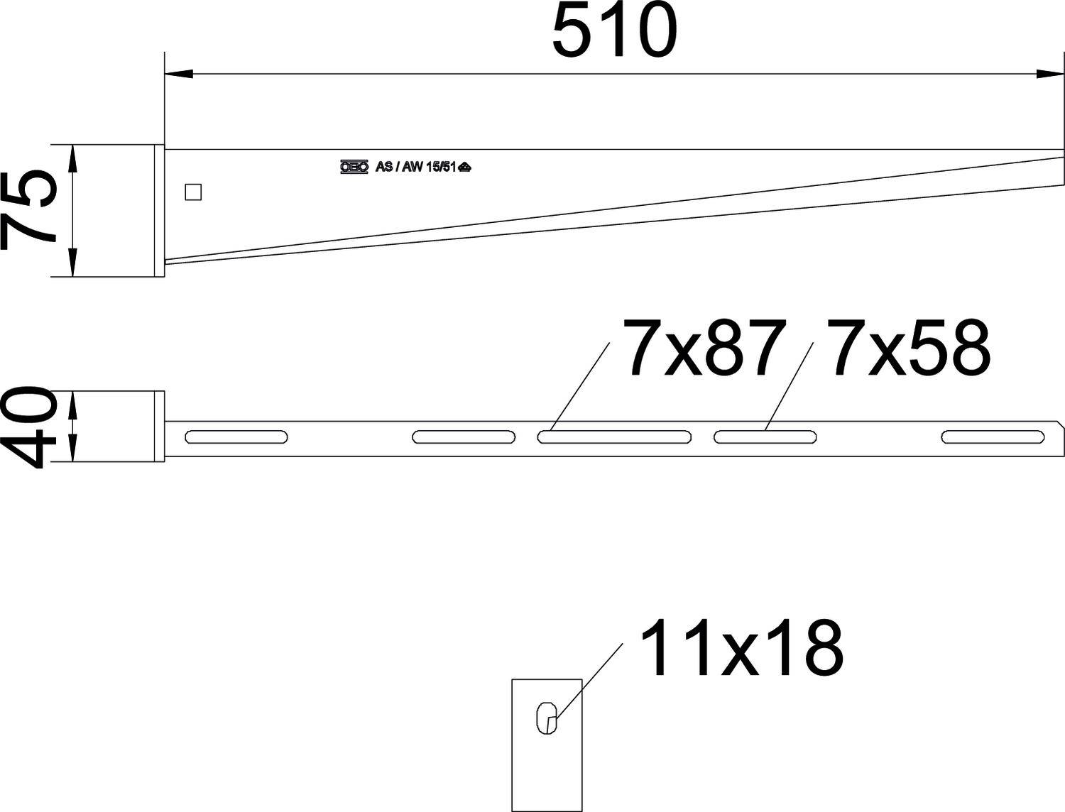 Rysunek techniczny metalowego wspornika kątowego o wymiarach: długość 510 mm, wysokość 75 mm, szerokość 40 mm. Podane rozmiary otworów i ich rozstaw.