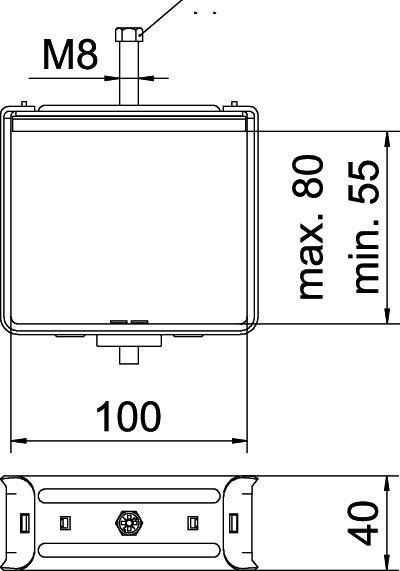 Rysunek techniczny obudowy prostokątnej, wymiary: szerokość 100 mm, wysokość zmienna 55-80 mm, głębokość 40 mm, złącze śrubowe M8 od góry.
