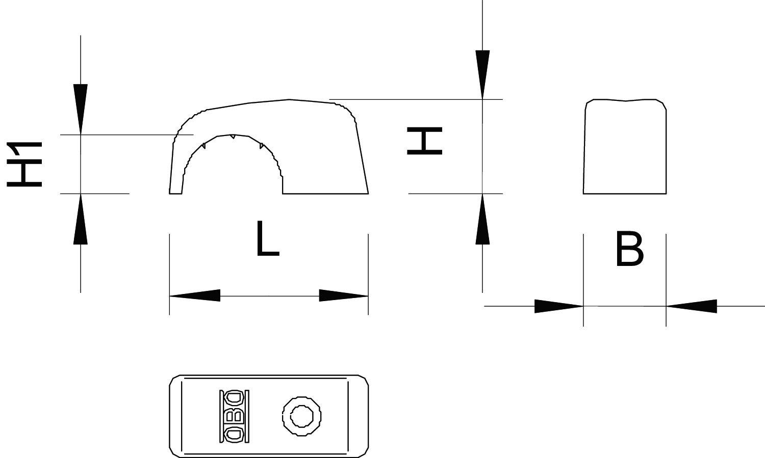 Rysunek techniczny części z wymiarami: wysokość (H), długość (L), szerokość (B). Widok z góry z widokiem szczegółowym.