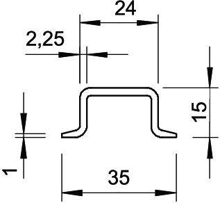 Rysunek techniczny przekroju poprzecznego profilu metalowego. Wymiary: 24 mm szerokości na górze, 35 mm całkowitej szerokości, 15 mm wysokości, 2,25 mm szerokości struktury wewnętrznej.