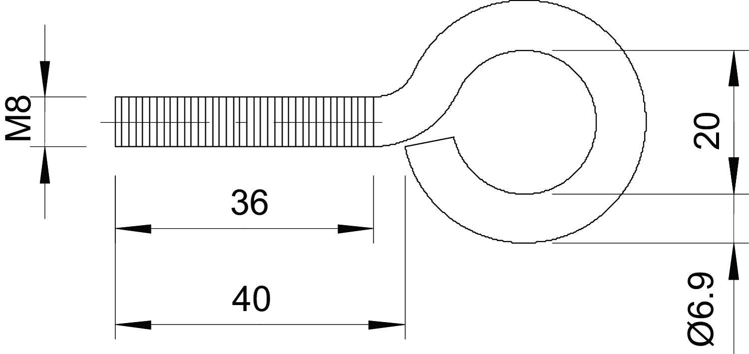 Szkic techniczny: Śruba z uchem M8, długość całkowita 40 mm, długość gwintu 36 mm, średnica pierścienia 20 mm, średnica otworu 6,9 mm.